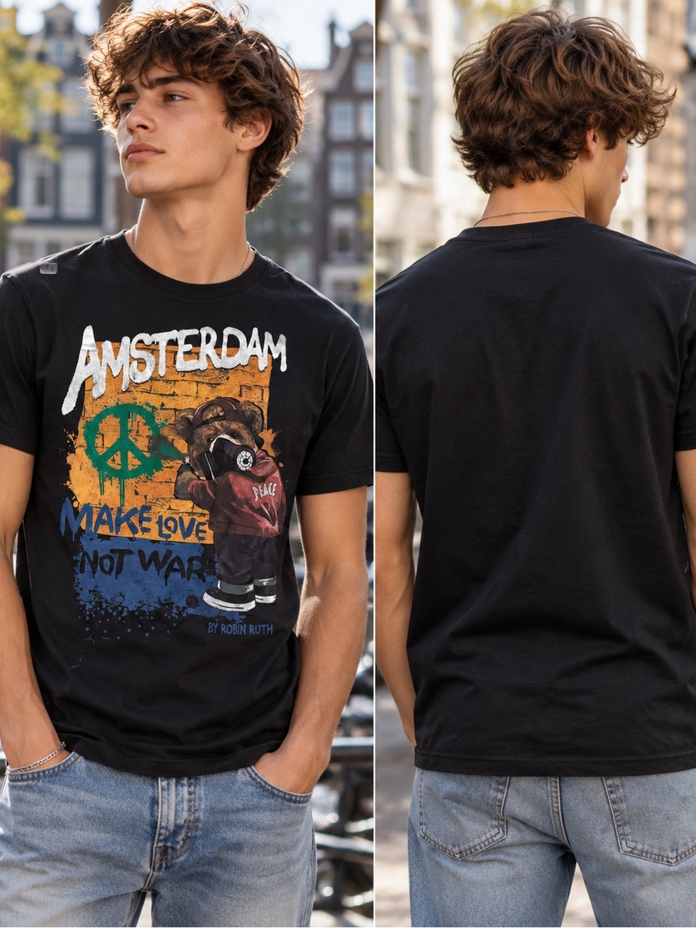 Robin Ruth Amsterdam Make Love Not War Graphic T-Shirt Black Size